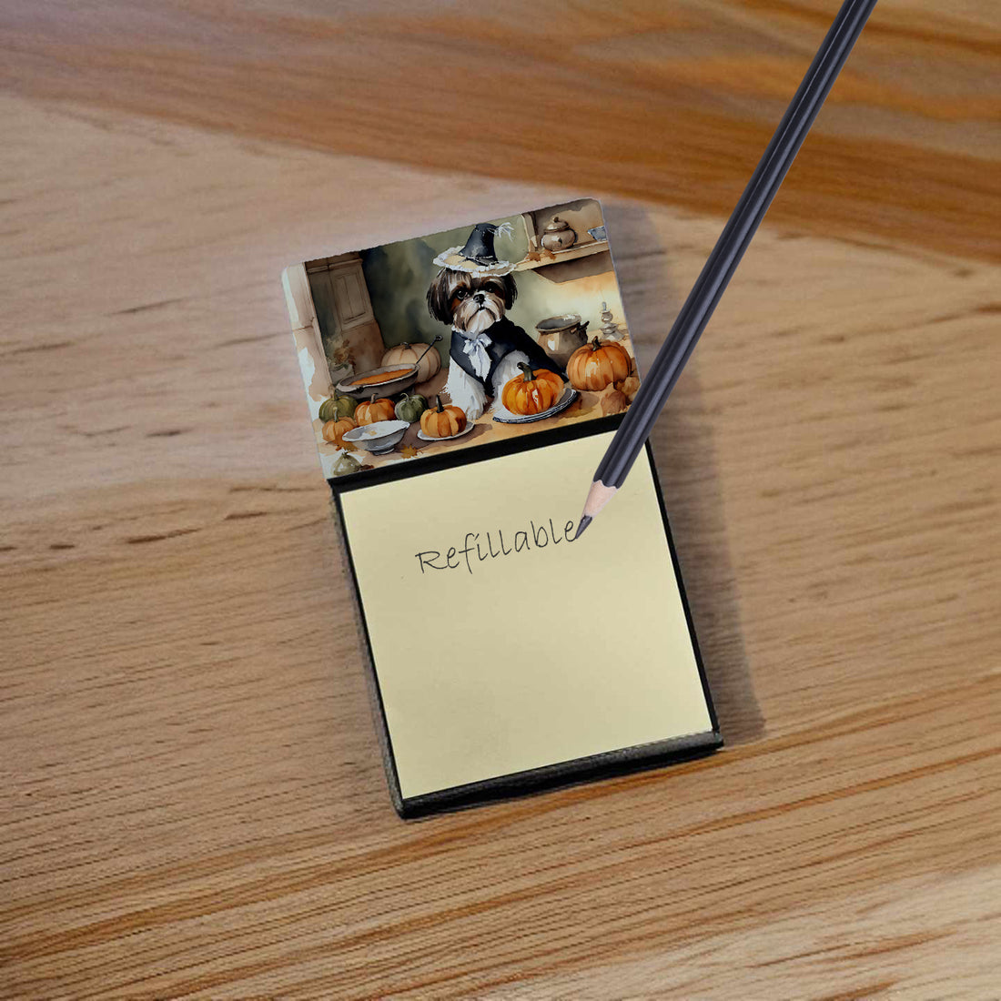 NEW Shih Tzu Fall Kitchen Pumpkins Sticky Note Holder Refillable Dispenser Self-Sticky Note Pads, Memo Pads Blank Desk Accessories