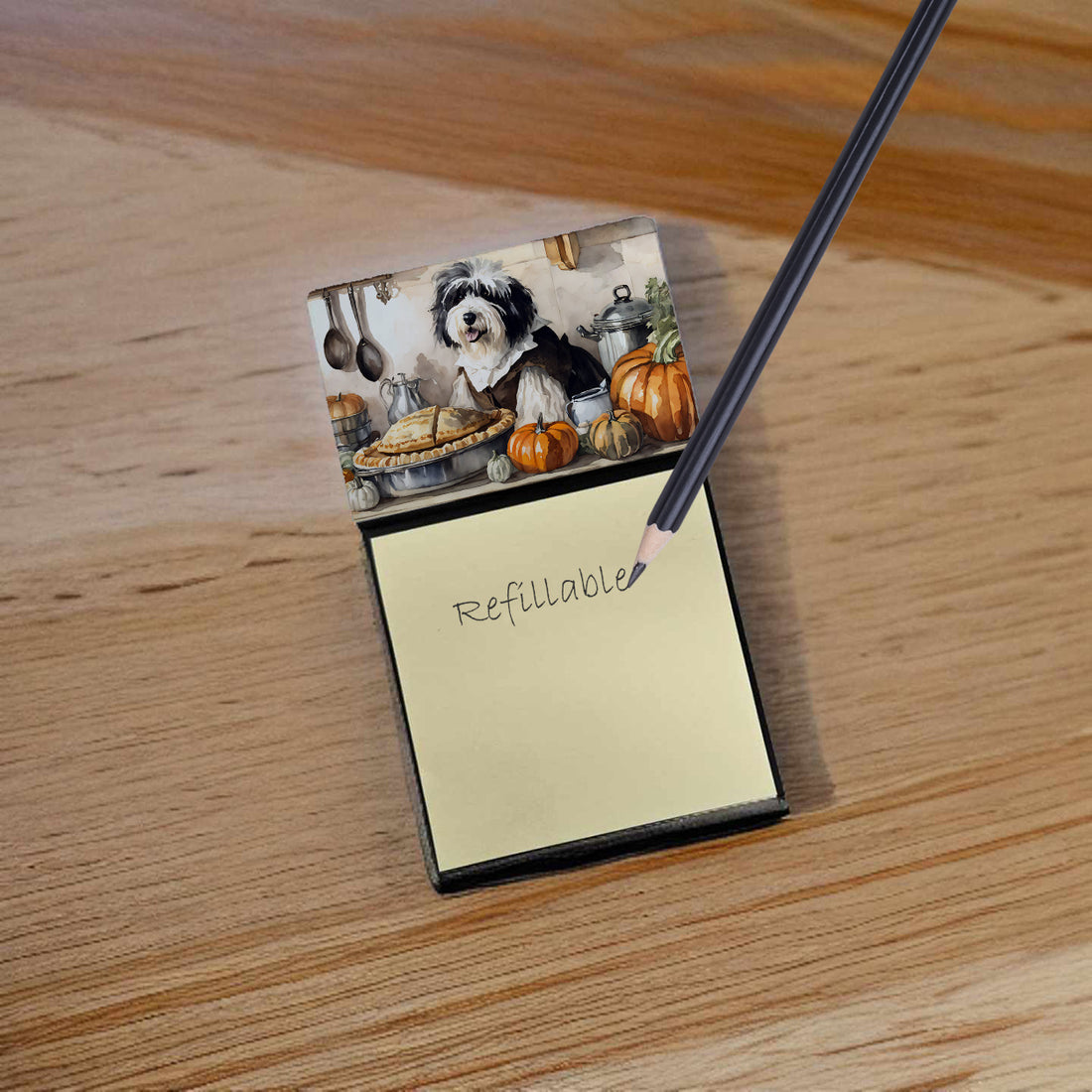 NEW Old English Sheepdog Fall Kitchen Pumpkins Sticky Note Holder Refillable Dispenser Self-Sticky Note Pads, Memo Pads Blank Desk Accessories
