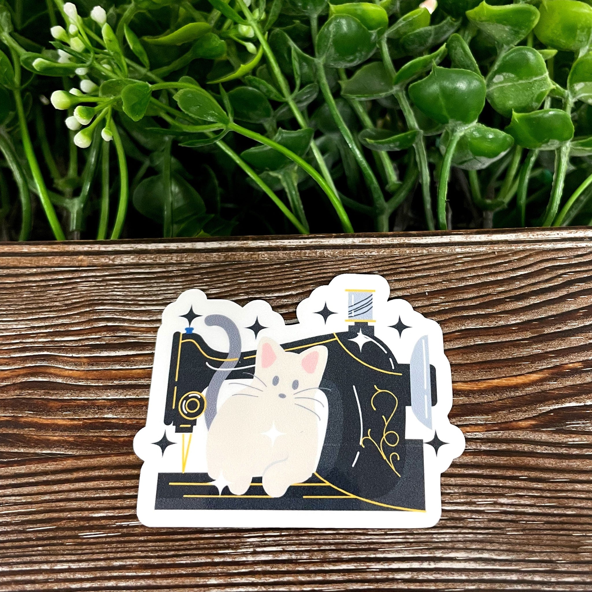 Cat and Sewing Machine, Die Cut Sticker, Graphic Art Vinyl, , Boho Fun