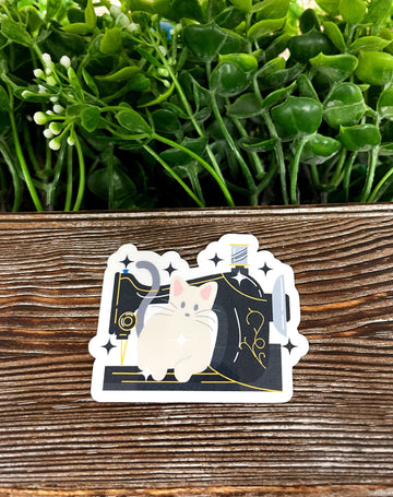 Cat and Sewing Machine, Die Cut Sticker, Graphic Art Vinyl, , Boho Fun