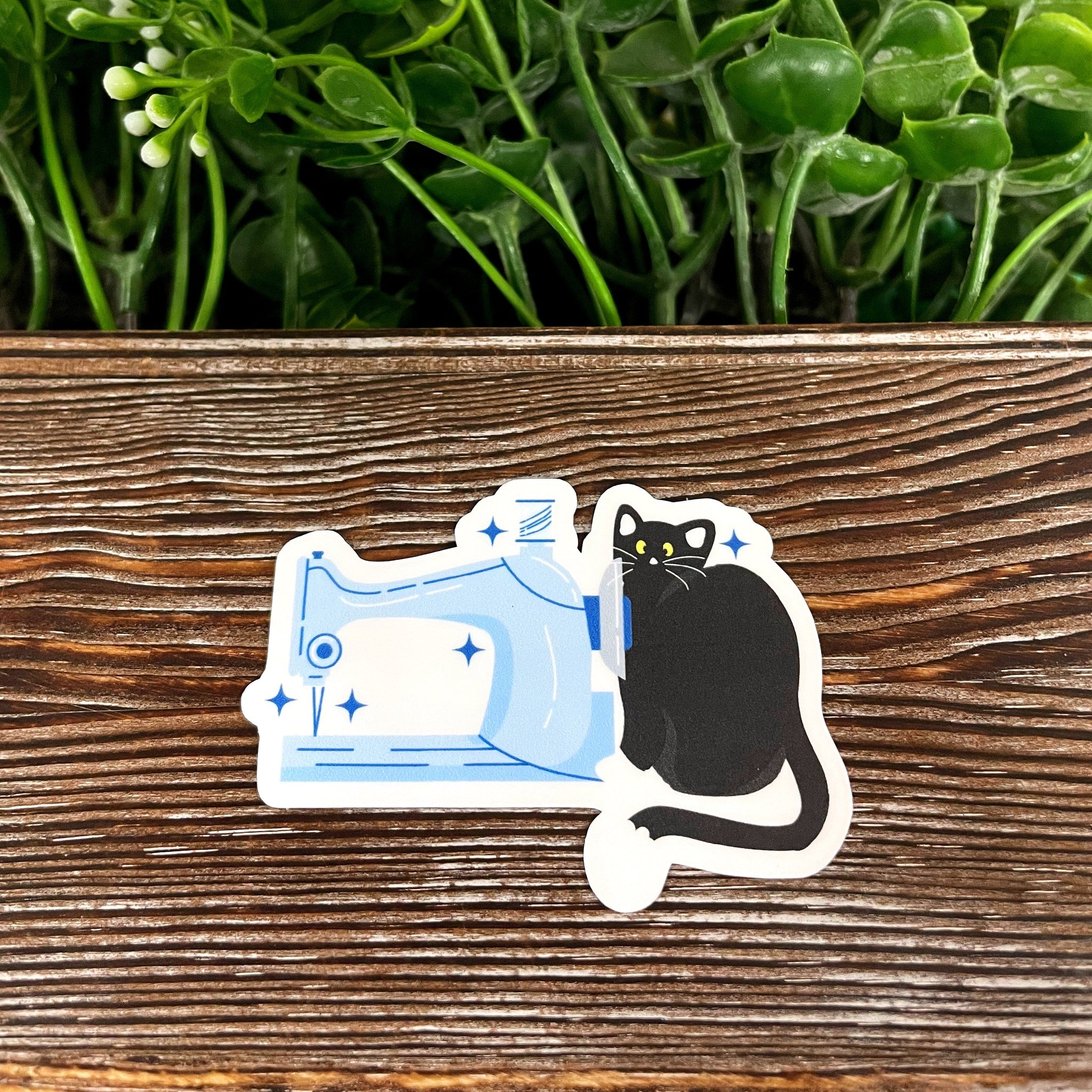Black Cat and Sewing Machine, Die Cut Vinyl Sticker, , Boho Fun, Water