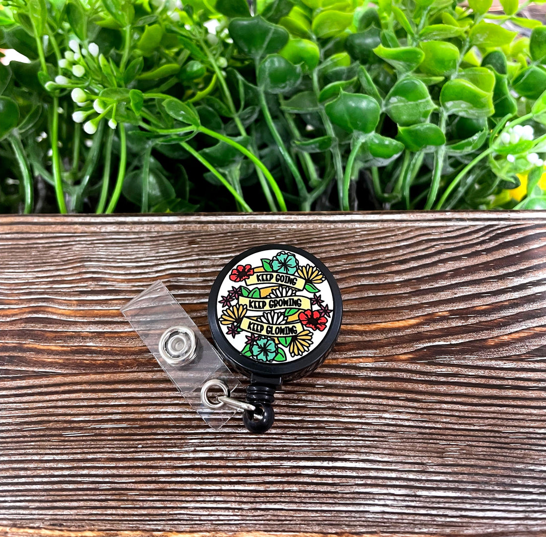 Keep Going Keep Growing Keep Glowing, Retractable Badge Reel, , Boho