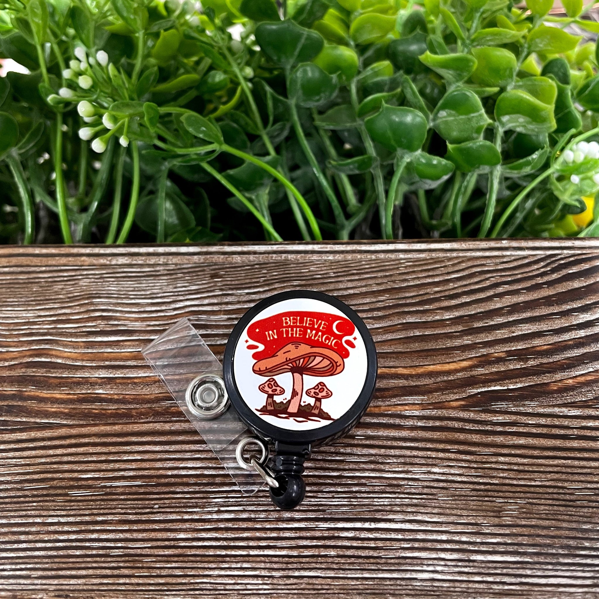 Believe in the Magic Mushrooms, Retractable Black Badge Reel, , Boho