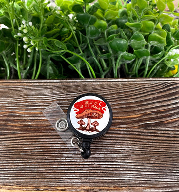 Believe in the Magic Mushrooms, Retractable Black Badge Reel, , Boho