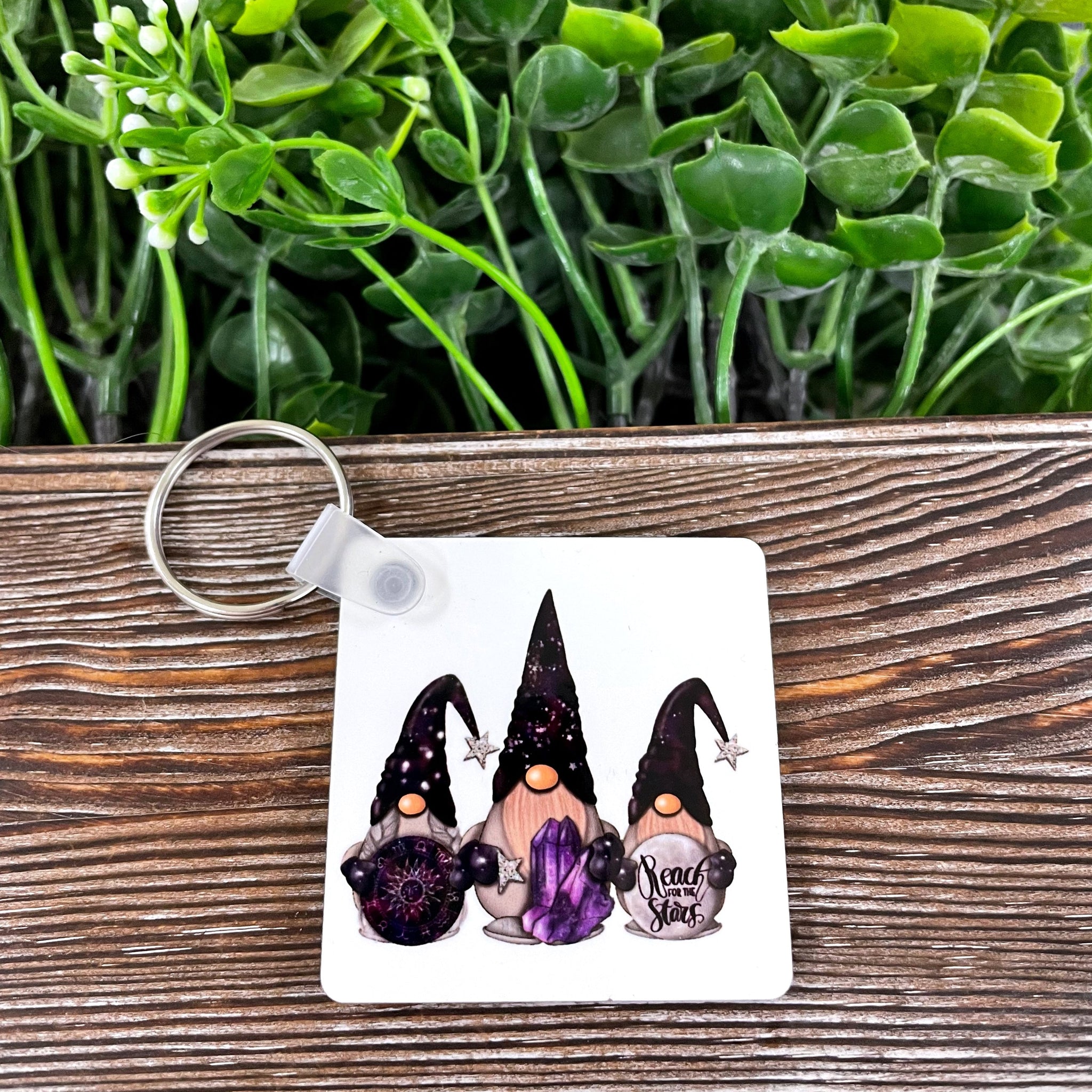 Cosmic Mystic Gnomes w/ Crystals, MDF Square Keychain, , Boho Fun,