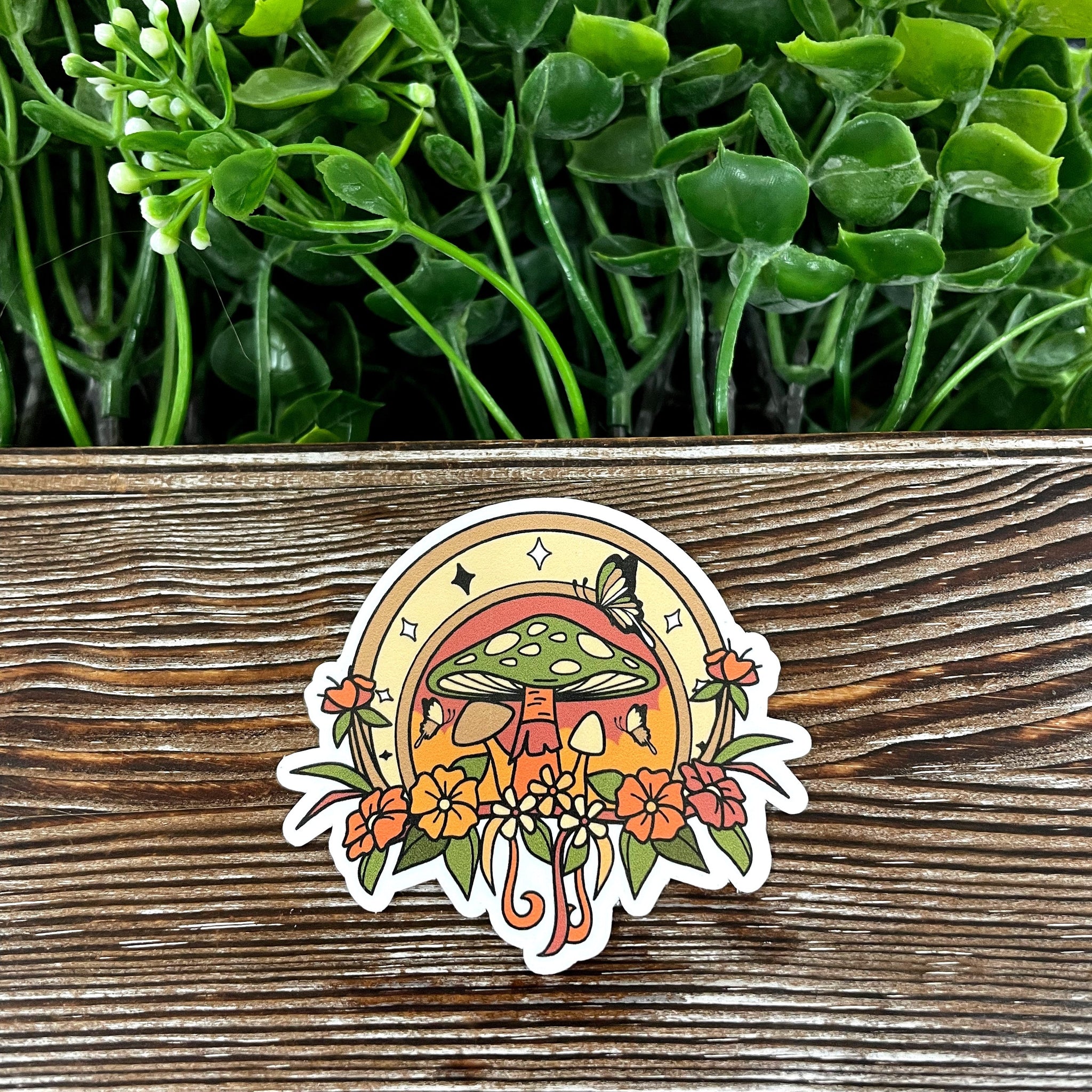 Horseshoe Mushroom Flowers, Die Cut Vinyl Sticker, Boho Fun, Water