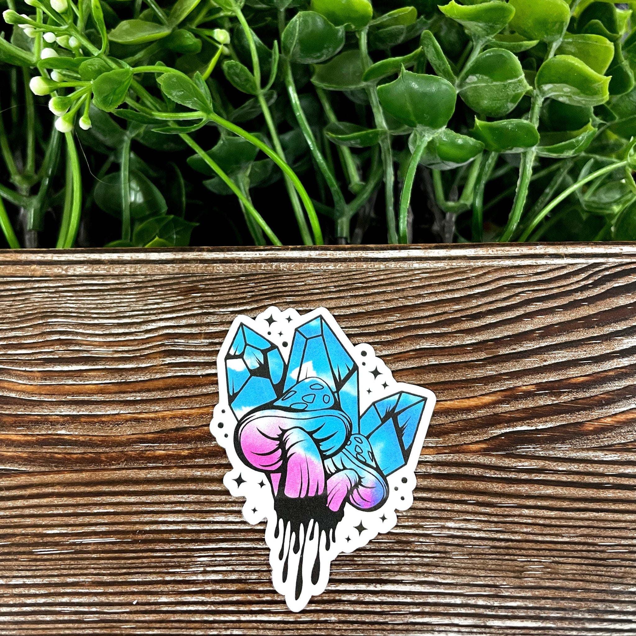 Mushrooms and Crystals, Purple and Blue Die Cut Vinyl Sticker, Boho