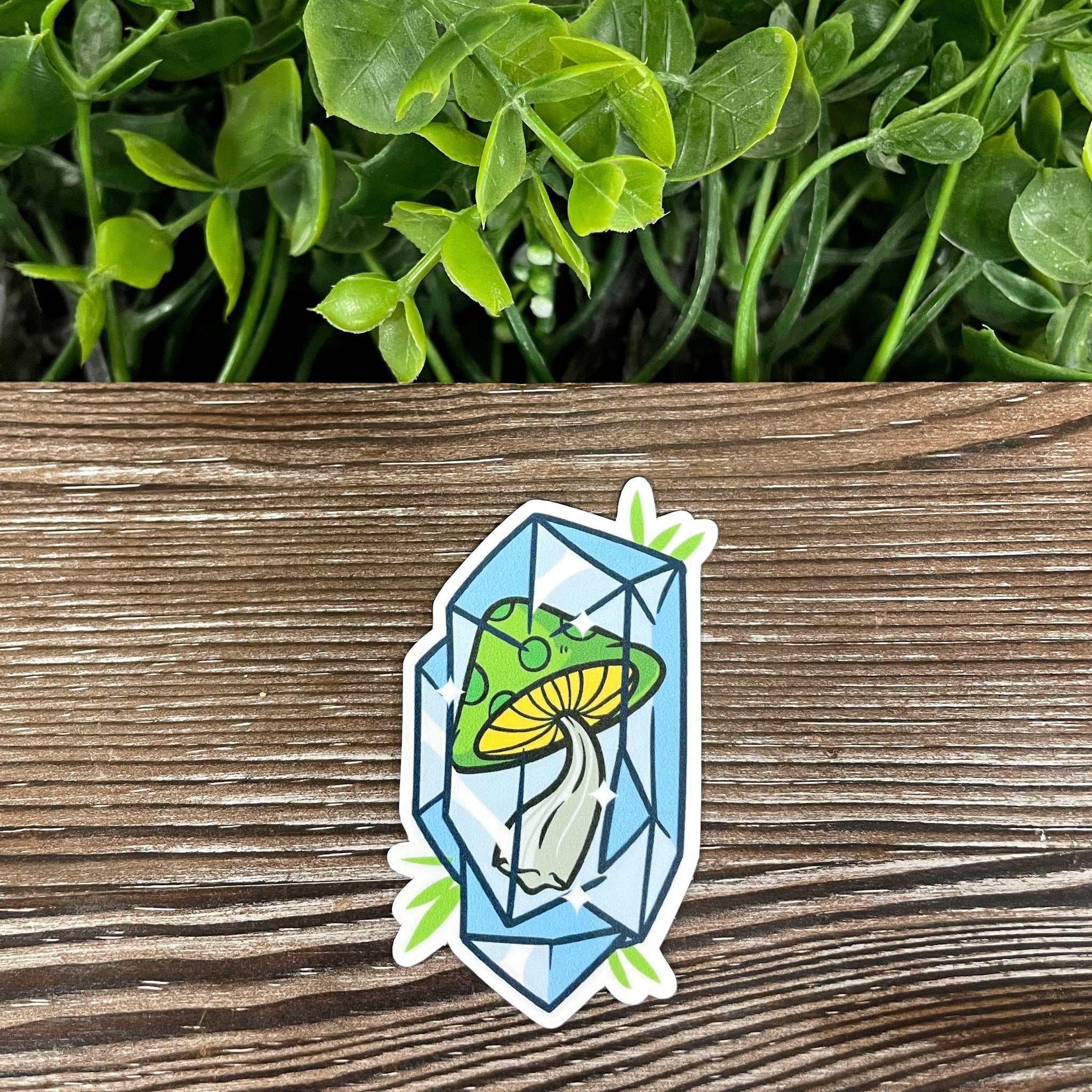 Green Mushroom Encased in Blue Crystal, Die Cut Vinyl Sticker, Boho