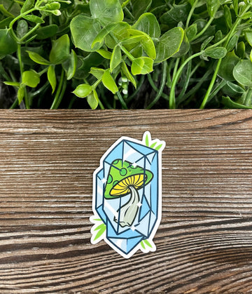 Green Mushroom Encased in Blue Crystal, Die Cut Vinyl Sticker, Boho
