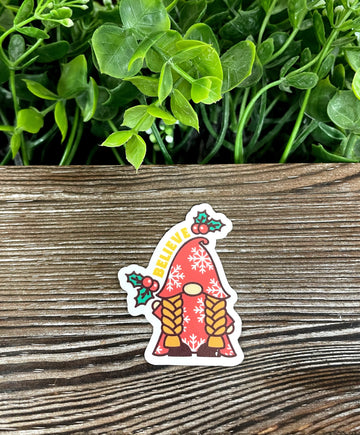 Christmas Mistletoe Gnome Believe, Die Cut Vinyl Sticker, Boho Fun,