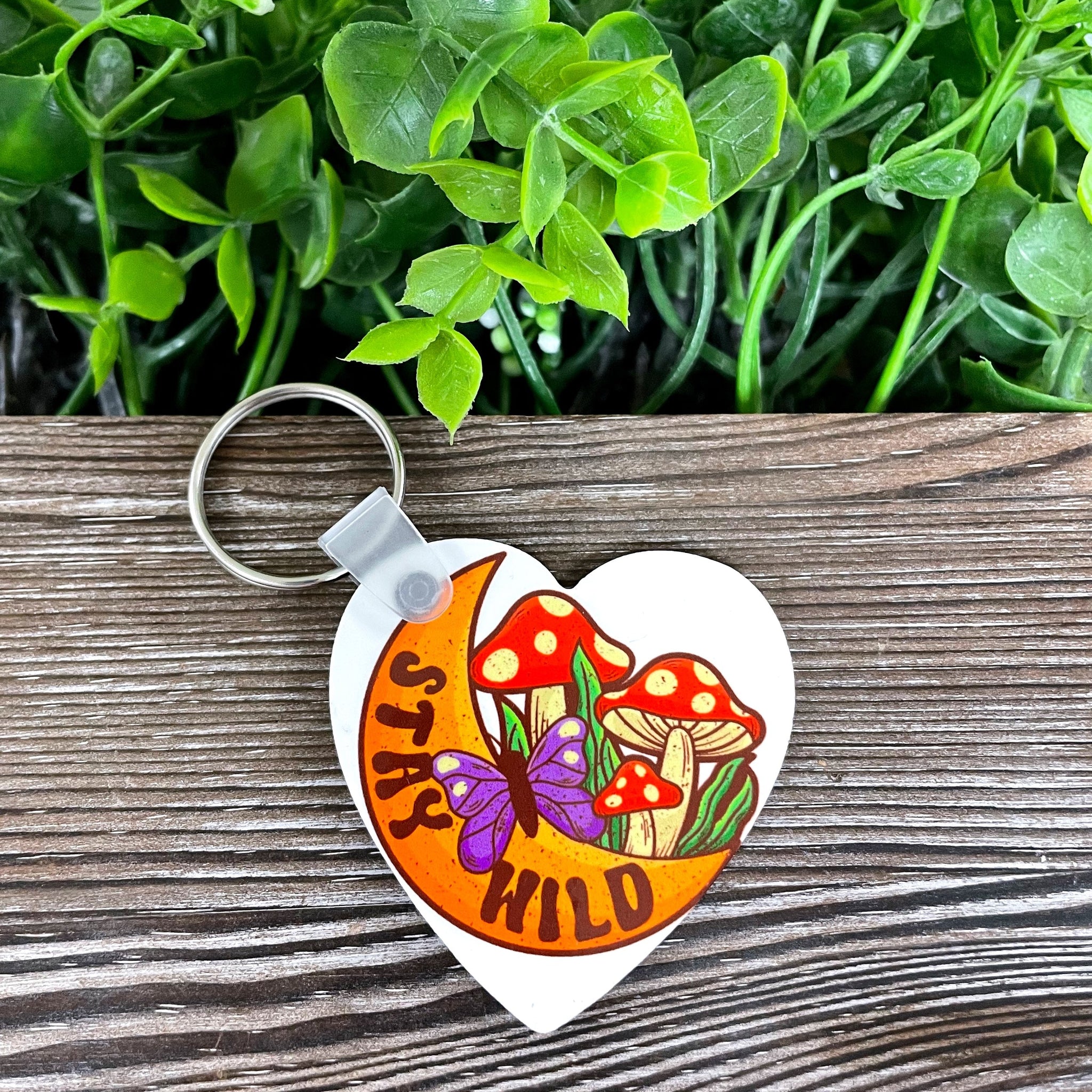 Stay Wild Crescent Moon, MDF Heart Keychain, , Boho Fun, Mushrooms