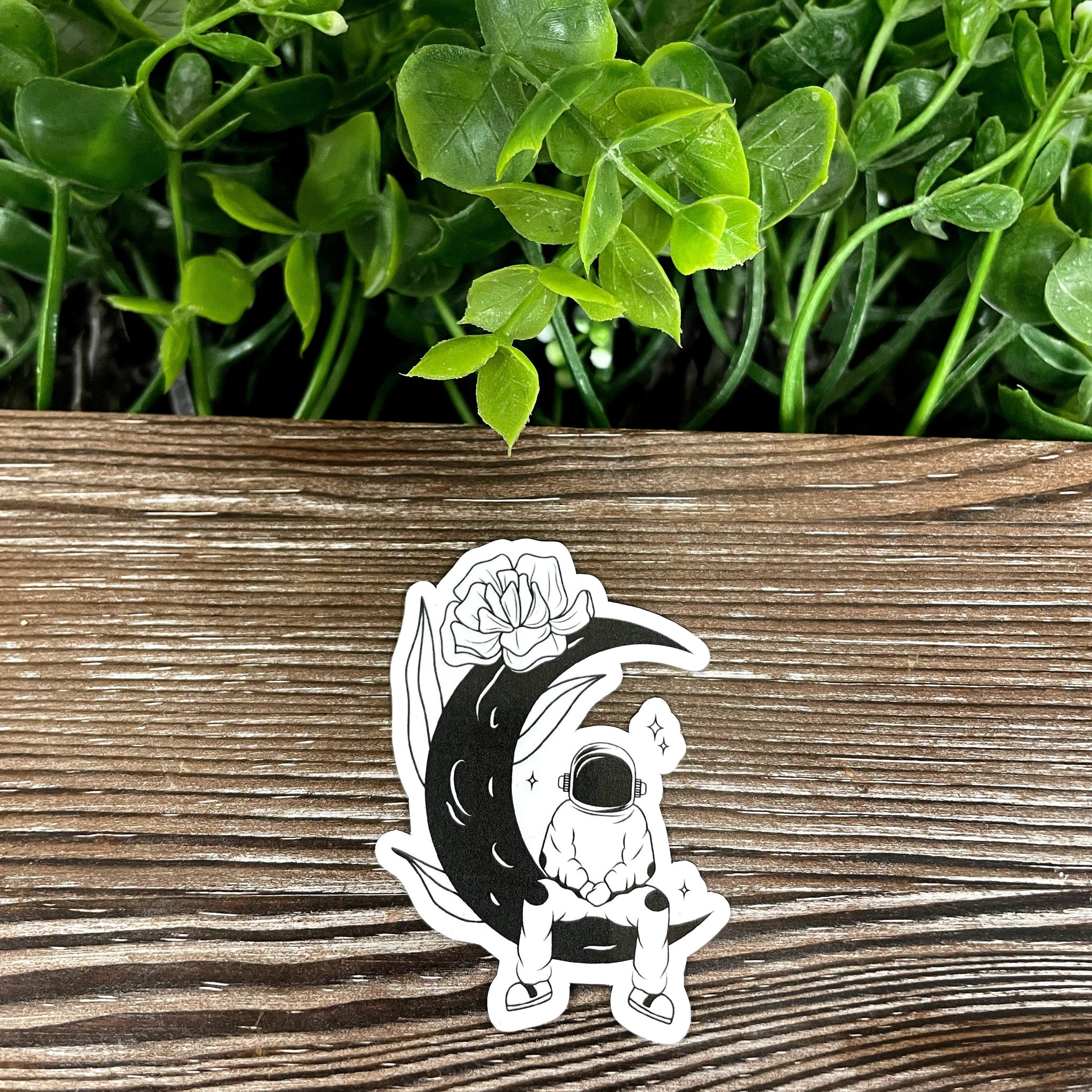 Astronaut Sitting on Crescent Moon, Die Cut Vinyl Sticker, Boho Fun,