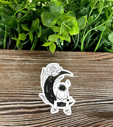 Astronaut Sitting on Crescent Moon, Die Cut Vinyl Sticker, Boho Fun,