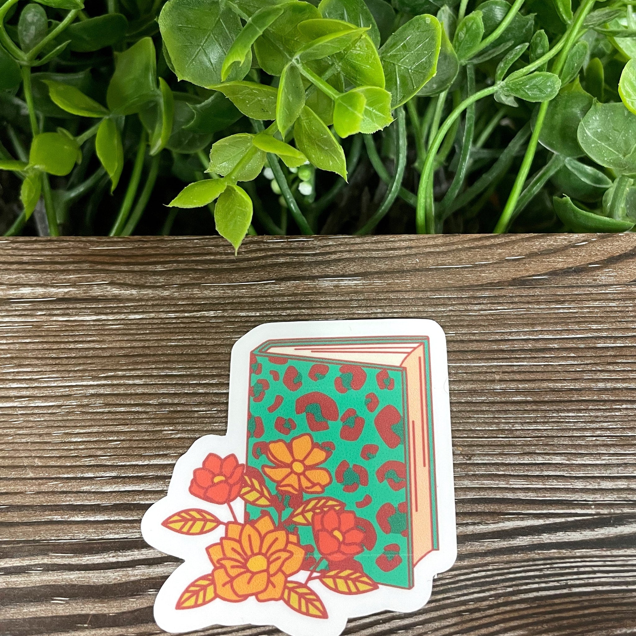 Blue Cheetah Book and Flowers, Die Cut Vinyl Sticker, Boho Fun, Water