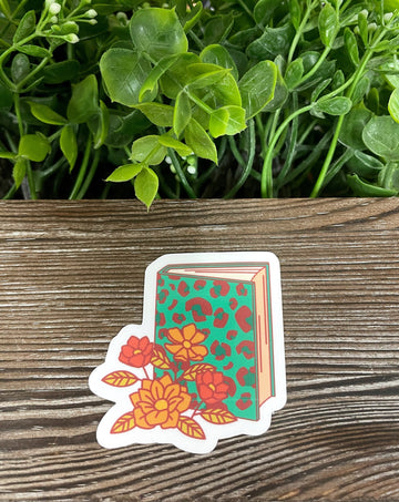 Blue Cheetah Book and Flowers, Die Cut Vinyl Sticker, Boho Fun, Water