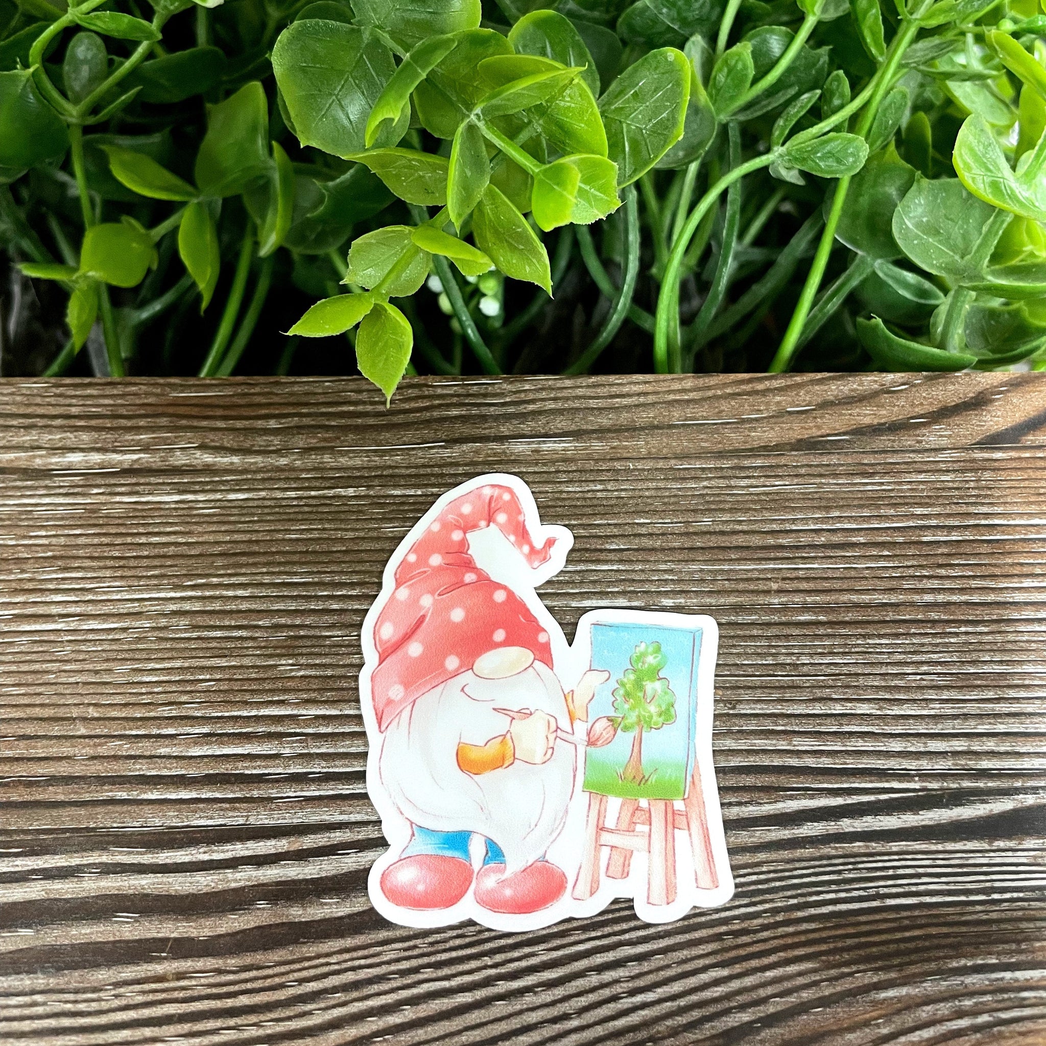 Watercolor Artist Gnome Painting, Die Cut Vinyl Sticker, Boho Fun,