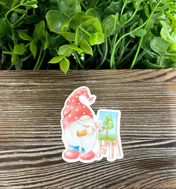 Watercolor Artist Gnome Painting, Die Cut Vinyl Sticker, Boho Fun,