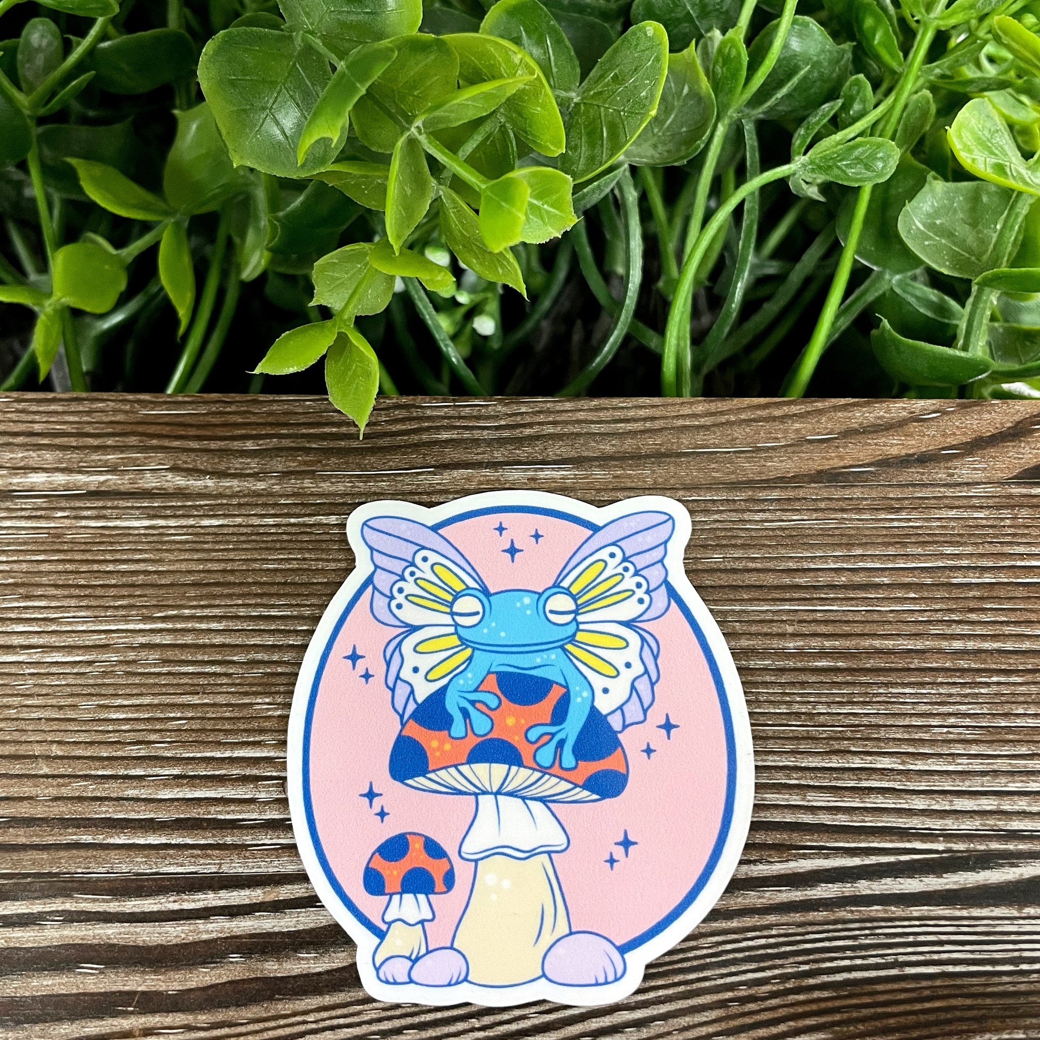 Frog w/ Wings Sitting on Mushroom, Die Cut Vinyl Sticker, Boho Fun,