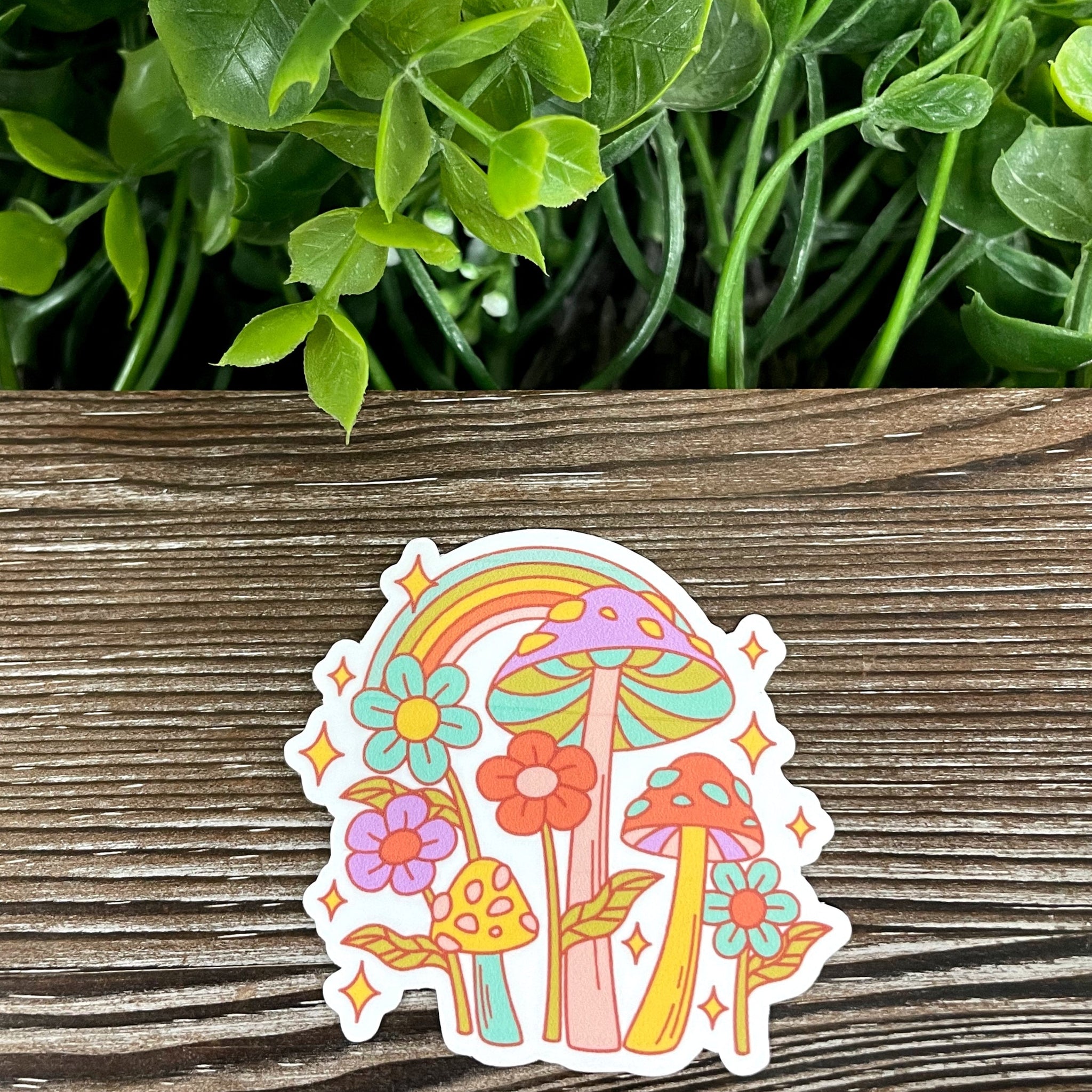 Bright Colorful Neon Mushrooms and Flowers, Die Cut Vinyl Sticker,