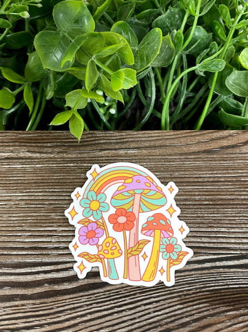 Bright Colorful Neon Mushrooms and Flowers, Die Cut Vinyl Sticker,