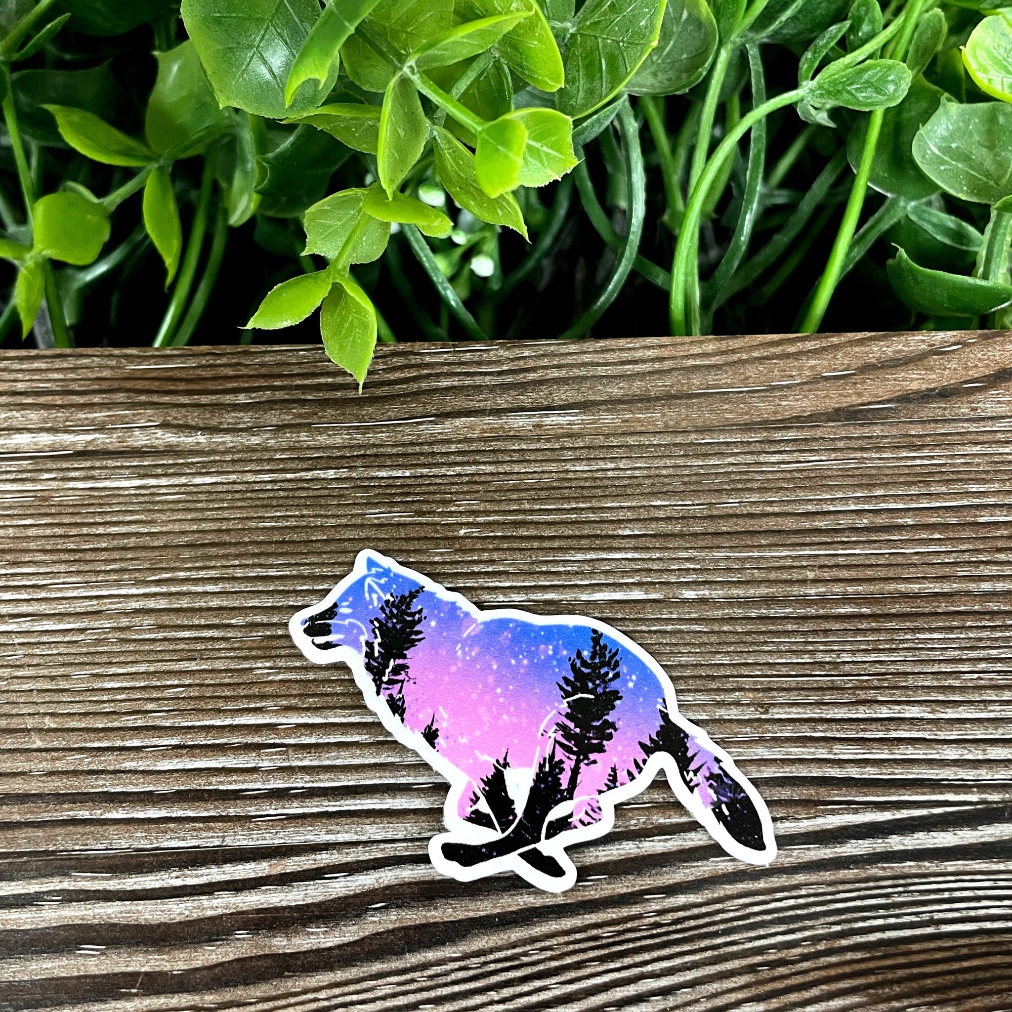 Galaxy Wolf Silhouette w/ Trees, Die Cut Vinyl Sticker, Boho Fun,