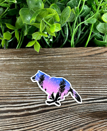 Galaxy Wolf Silhouette w/ Trees, Die Cut Vinyl Sticker, Boho Fun,