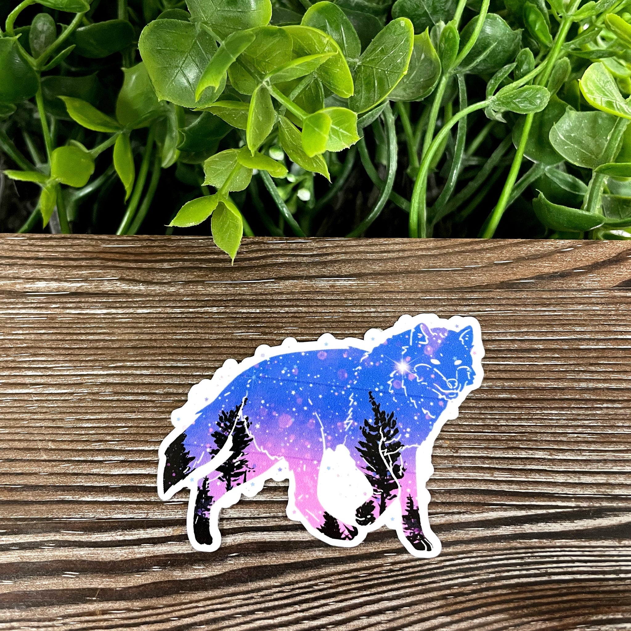 Galaxy Space Wolf Silhouette w/ Trees, Die Cut Vinyl Sticker, Boho