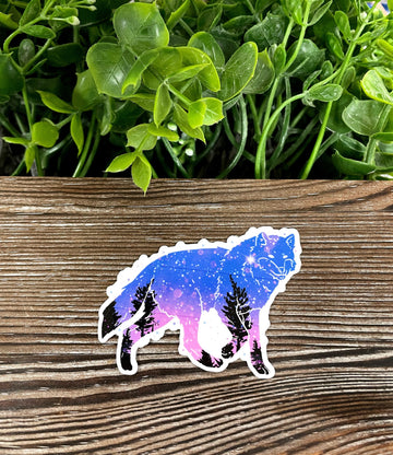 Galaxy Space Wolf Silhouette w/ Trees, Die Cut Vinyl Sticker, Boho