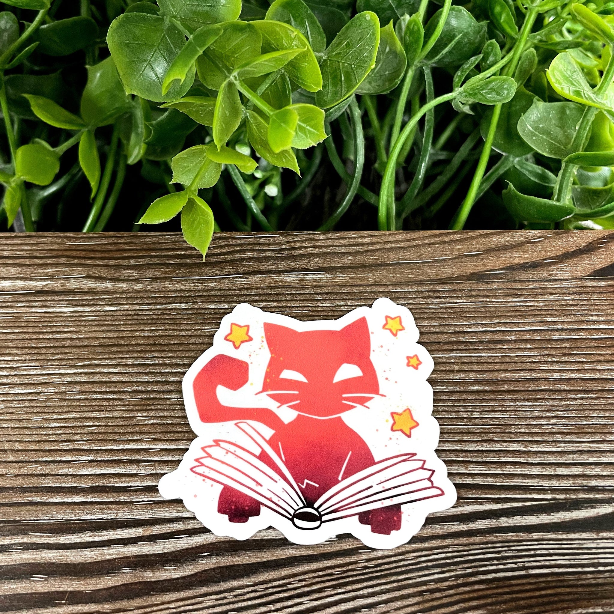 Halloween Orange Cat Reading a Book, Die Cut Vinyl Sticker, Boho Fun,