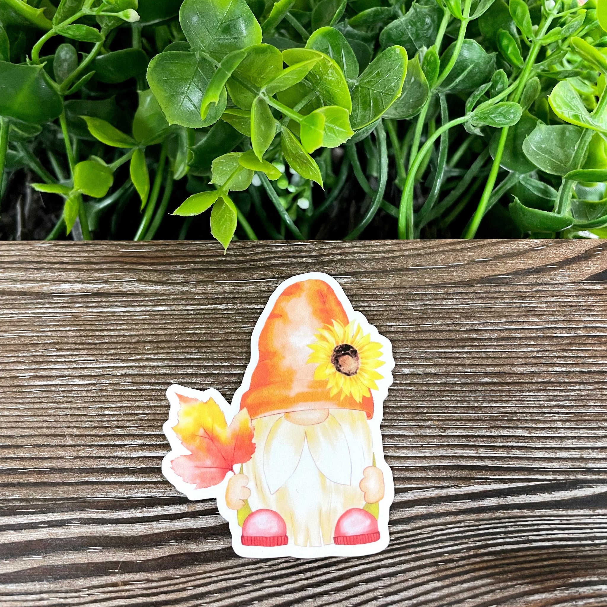 Fall Gnome Sunflower and Maple Leaf, Die Cut Vinyl Sticker, Boho Fun,