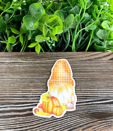Fall Gnome w/ Pumpkins, Die Cut Vinyl Sticker, Boho Fun, Water