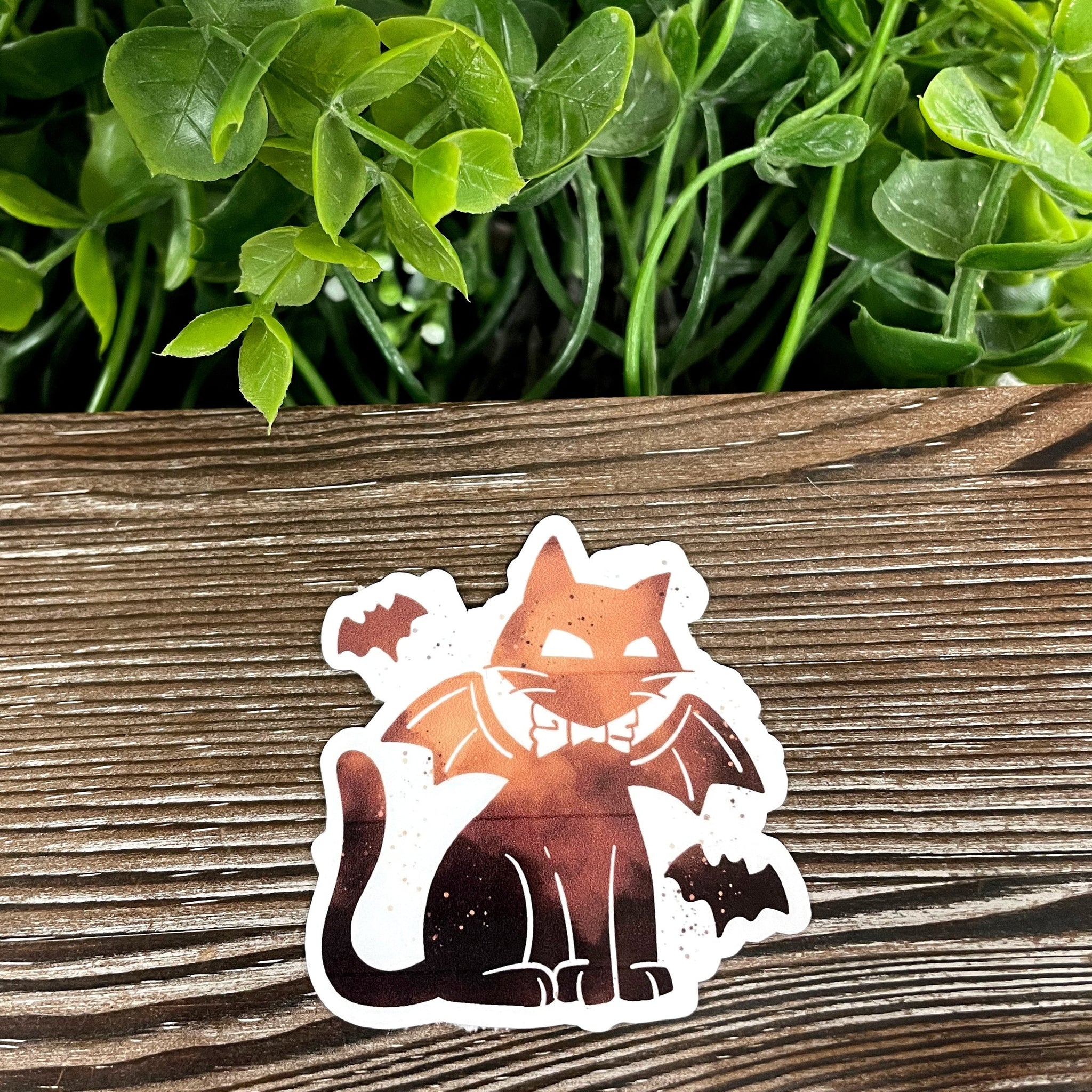 Halloween Black Cat w/ Bats and Wings, Die Cut Vinyl Sticker, Boho