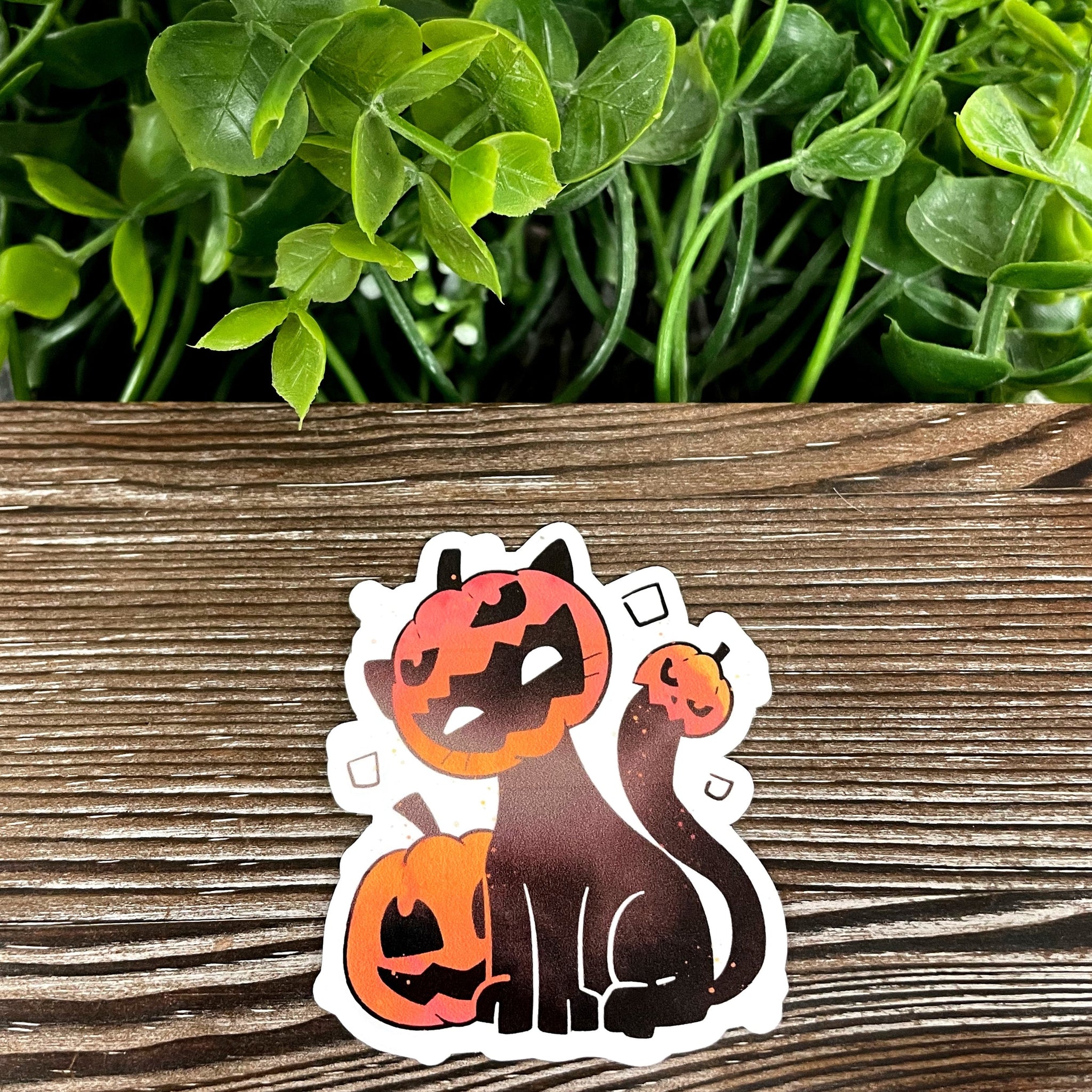Halloween Black Kitty Wearing a Pumpkin, Die Cut Vinyl Sticker, Boho