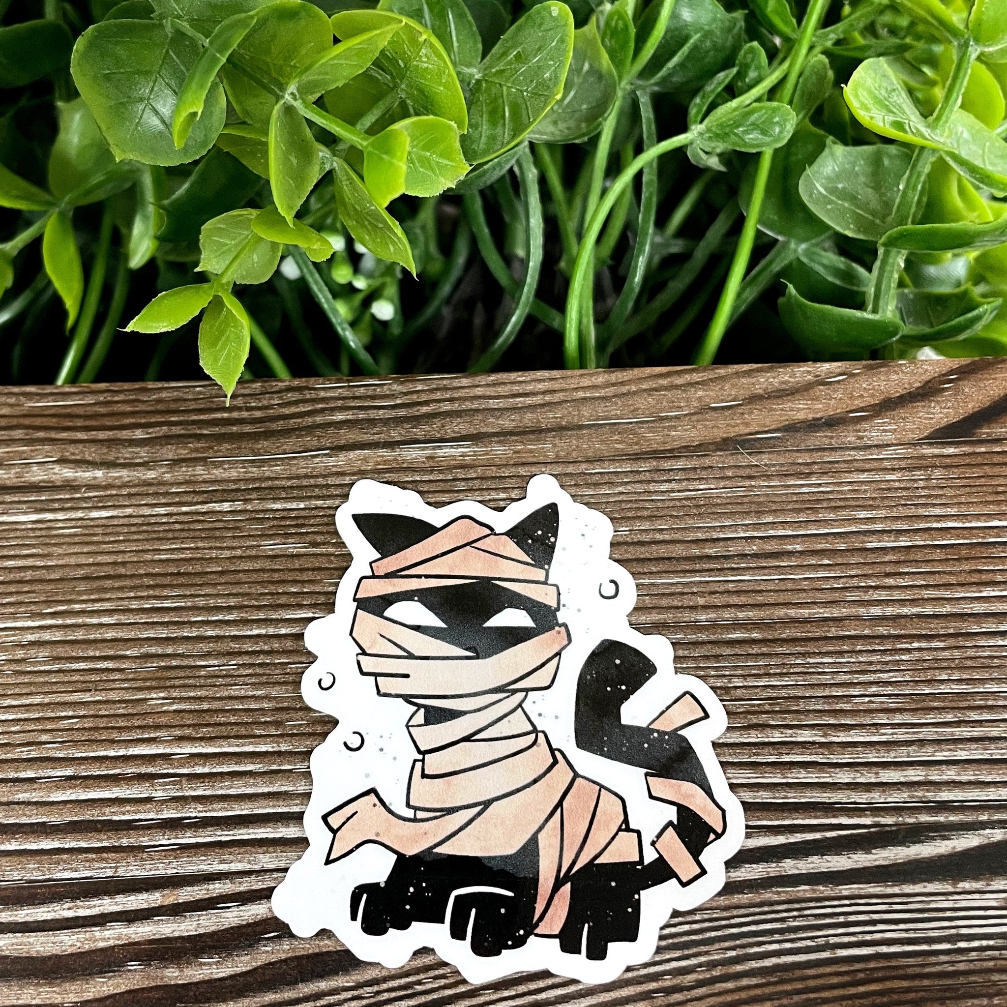 Black Cat in Mummy Costume, Die Cut Vinyl Sticker, Boho Fun, Water