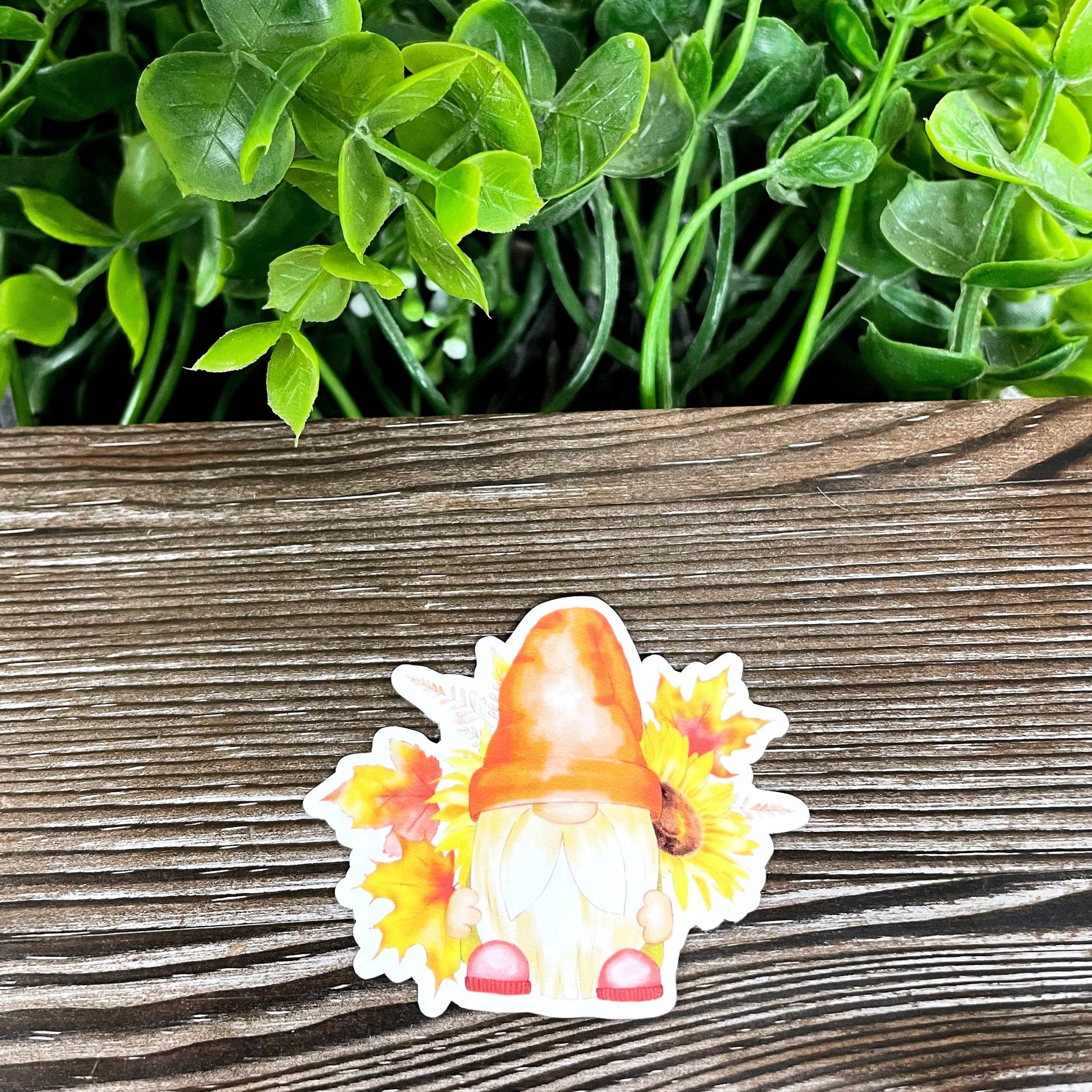 Fall Bearded Gnome w/ Leaves, Die Cut Vinyl Sticker, Boho Fun, Water