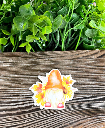Fall Bearded Gnome w/ Leaves, Die Cut Vinyl Sticker, Boho Fun, Water