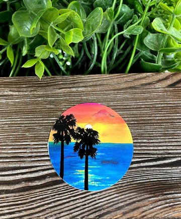 Blue Beach Orange Sunset Watercolor, Die Cut Vinyl Sticker, Boho Fun,