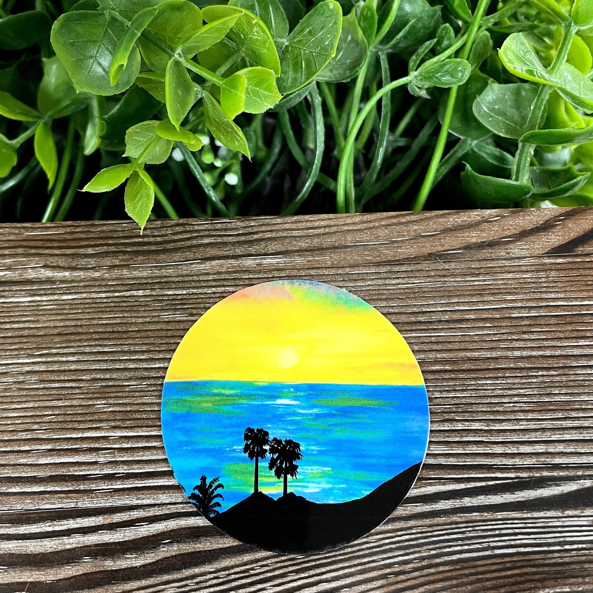 Blue Beach Yellow Sun Watercolor, Die Cut Vinyl Sticker, Boho Fun,