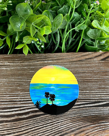 Blue Beach Yellow Sun Watercolor, Die Cut Vinyl Sticker, Boho Fun,