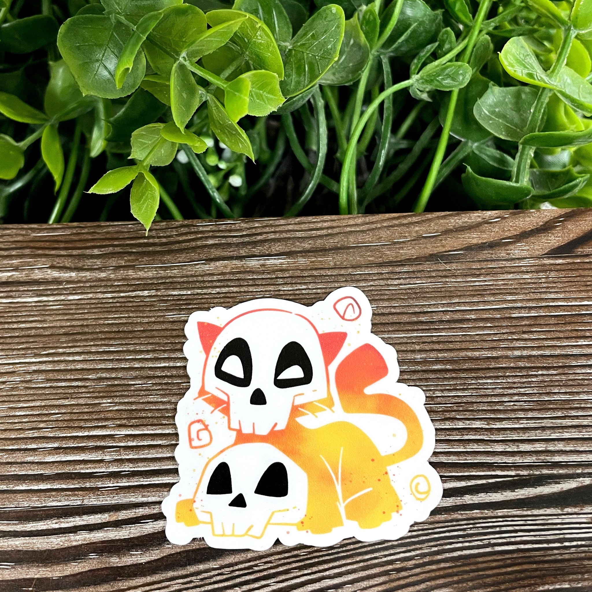Halloween Orange Kitty Wearing a Skull, Die Cut Vinyl Sticker, Boho