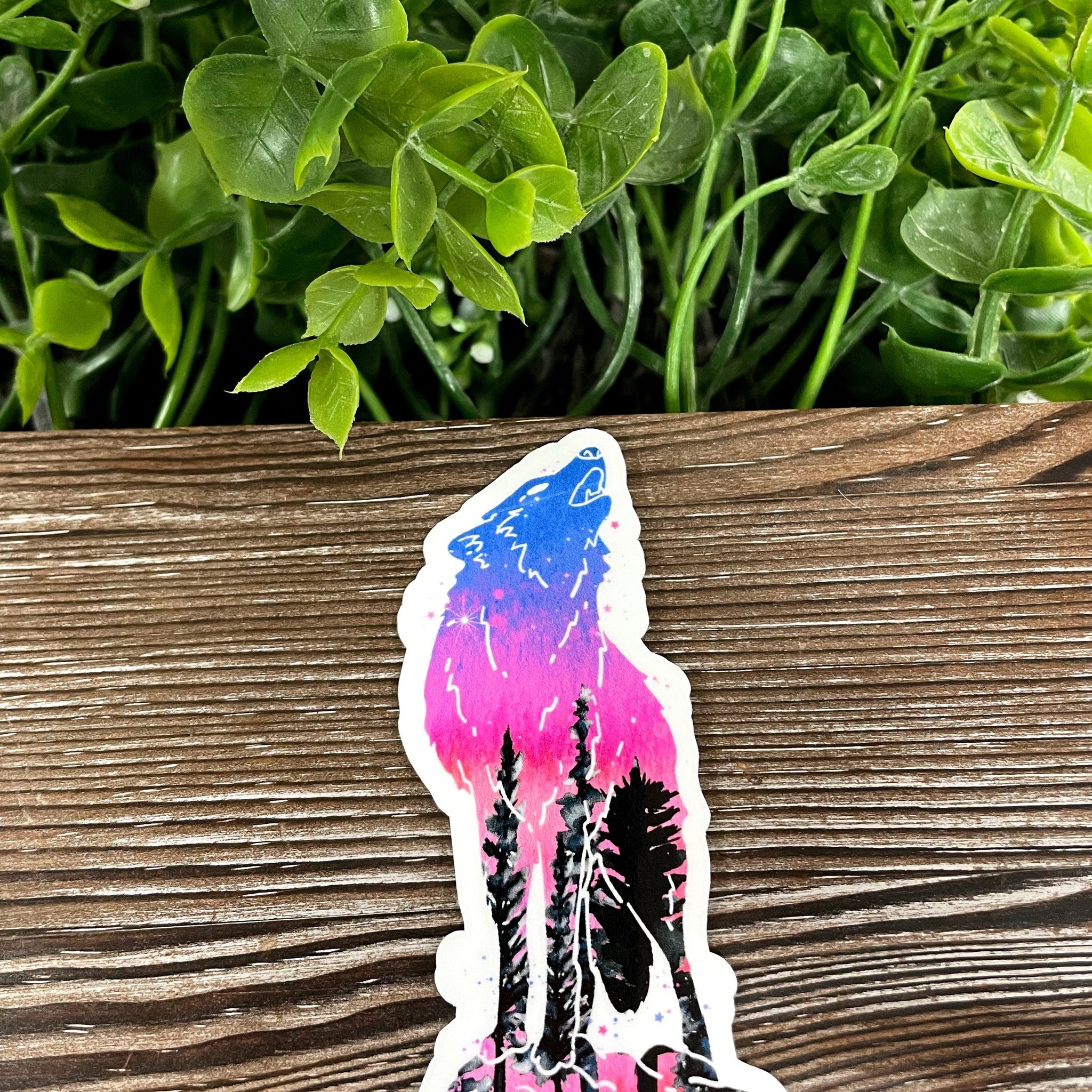 Standing Galaxy Wolf Silhouette w/ Trees, Die Cut Vinyl Sticker, Boho