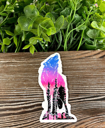 Standing Galaxy Wolf Silhouette w/ Trees, Die Cut Vinyl Sticker, Boho