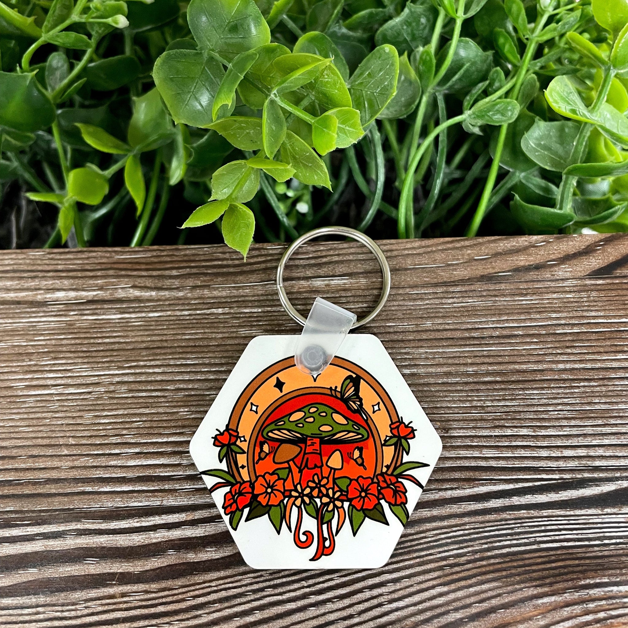 Horseshoe Mushrooms Vines, MDF Hexagon Keychain, , Boho Fun, Flowers