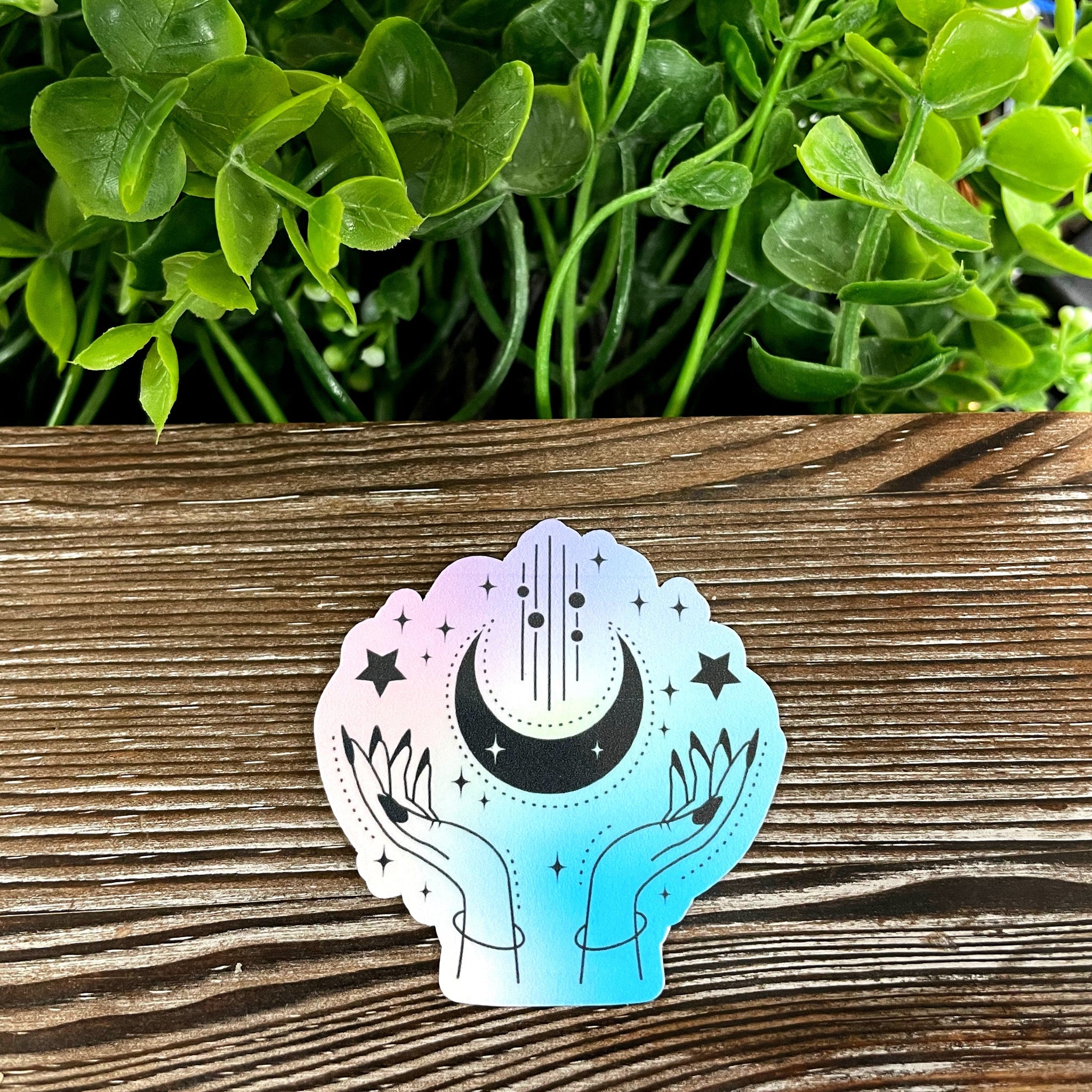 Watercolor Pastel Hands Crescent Moon, Die Cut Vinyl Sticker, Boho
