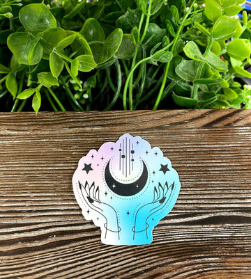 Watercolor Pastel Hands Crescent Moon, Die Cut Vinyl Sticker, Boho