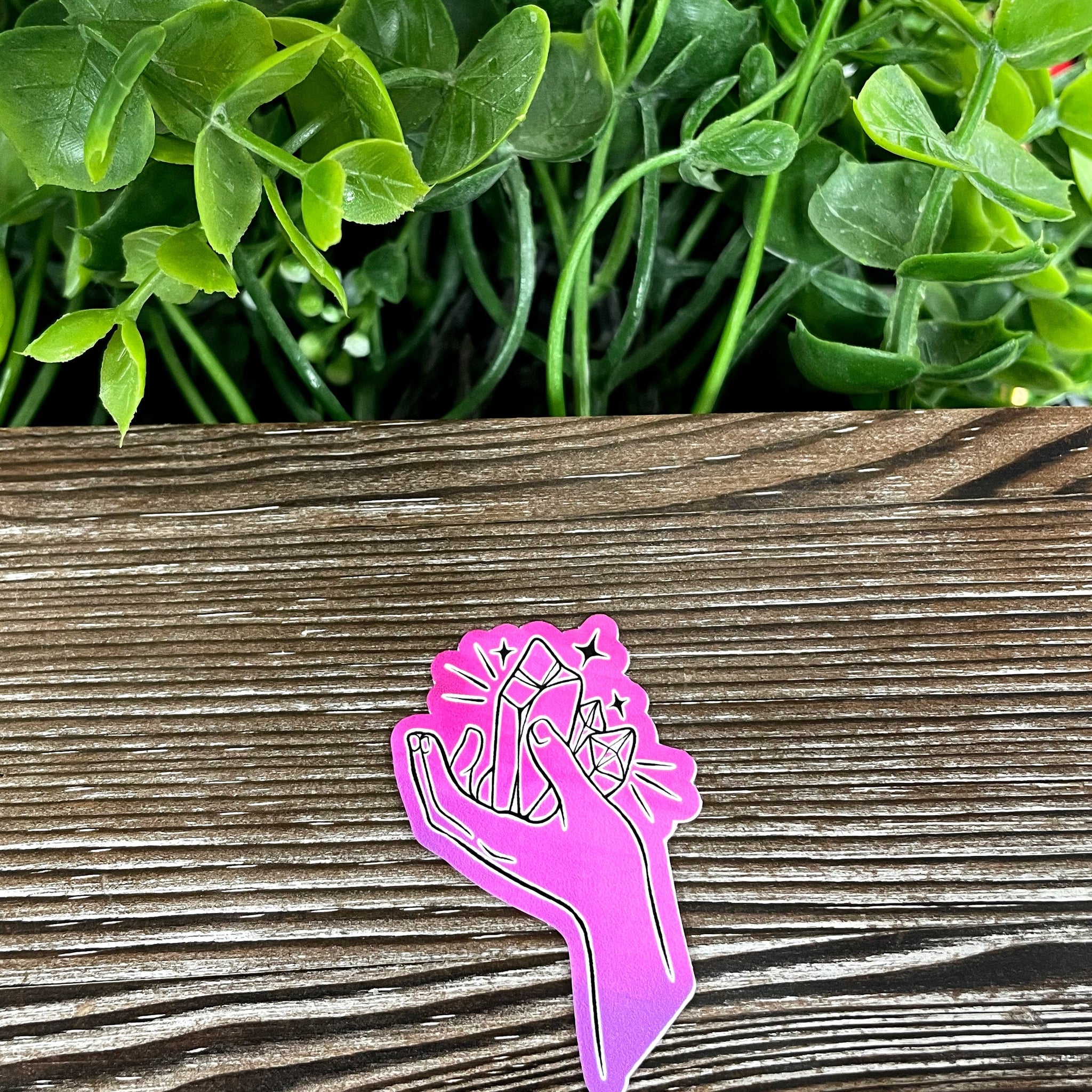 Purple Hand Holding Crystal Gems, Die Cut Vinyl Sticker, Boho Fun,