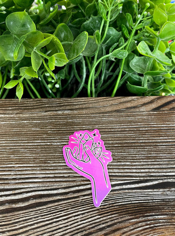 Purple Hand Holding Crystal Gems, Die Cut Vinyl Sticker, Boho Fun,