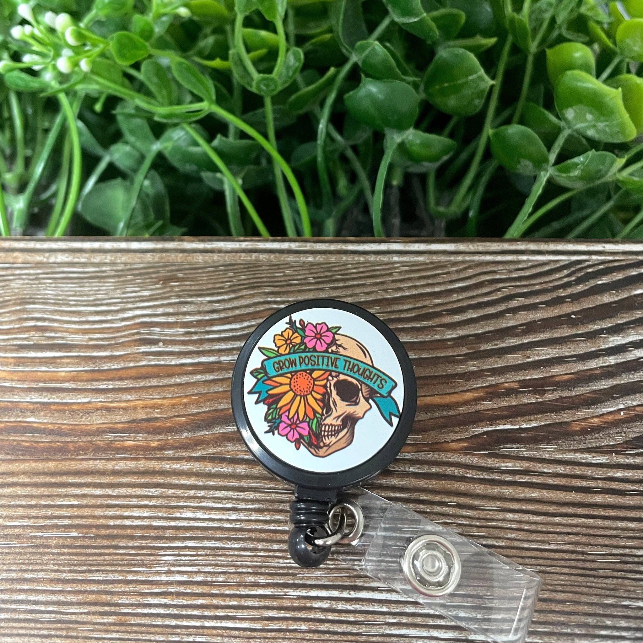 Grow Positive Thoughts, Skull and Flowers, Retractable Badge Reel, ,