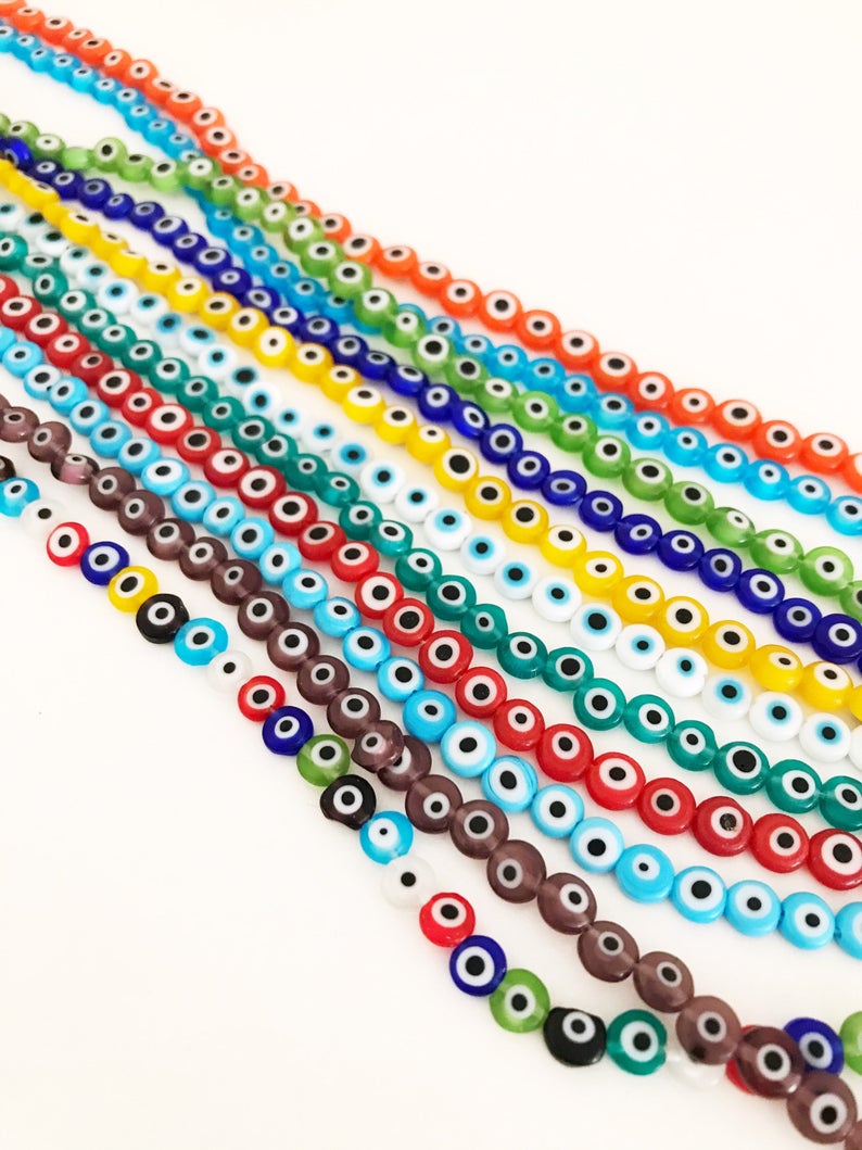 Evil Eye Beads, 6mm, BULK strand of 60 to 600 beads, Flat Round Beads