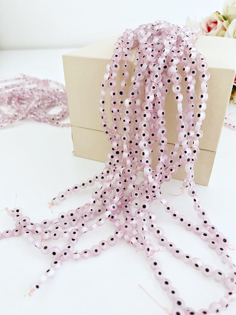 6mm pink evil eye beads, flat round evil eye beads, BULK strand beads